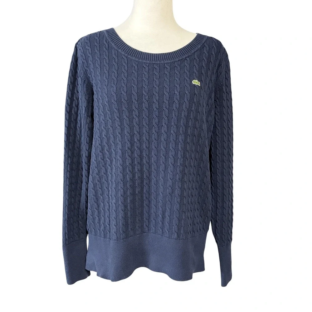 Lacoste Sweater Womens 44 Blue 100% Cotton Cable Knit Logo Button Cuff Pullover